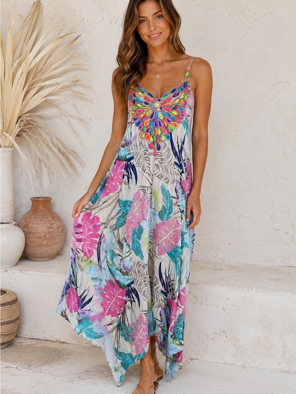 Monaco Tropical Embellished Maxi Dress Made in France Sz M Appliqué Neckline